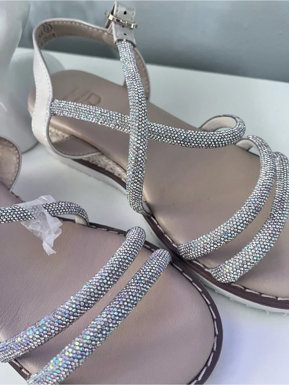 Girls' Sparkle Nude T-Strap Sandals with Rhinestone Straps